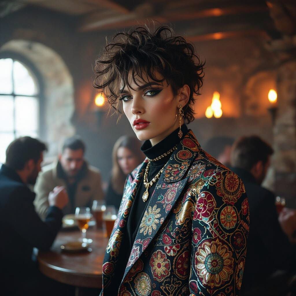 Androgynous Model in Cosmic Fashion in Ancient Tavern