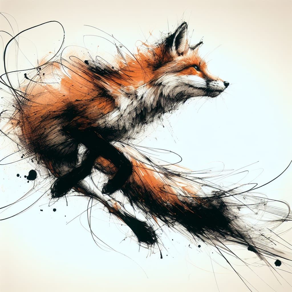 Energetic Fox Mid-Air: Mixed Media Expressionism