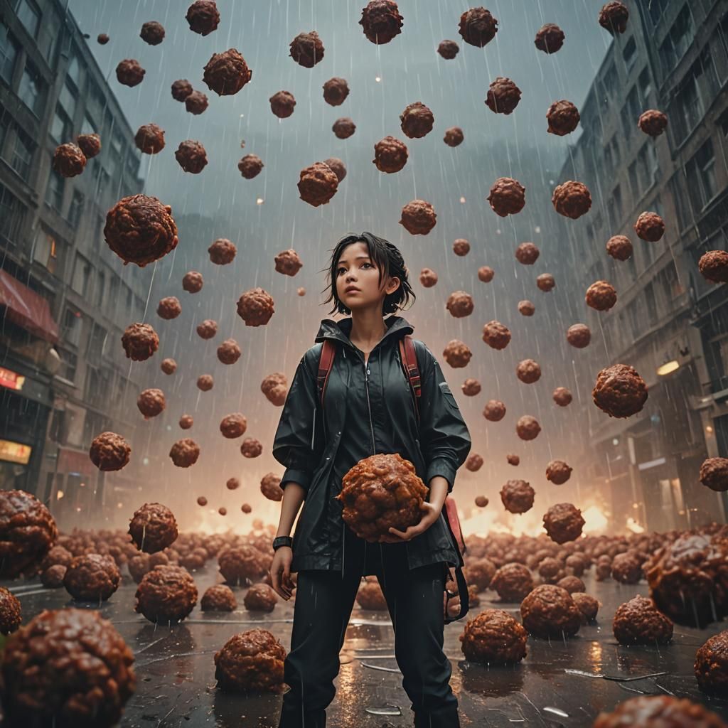 Meatballs Rain: Cinematic Anime-Inspired Film Still