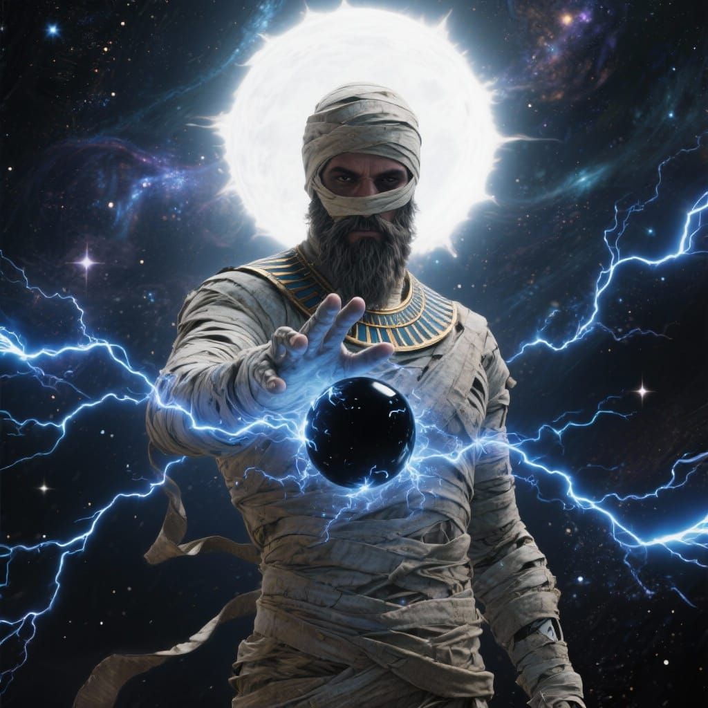 Egyptian Mummy Deity with Galactic Skin and Energy Ball