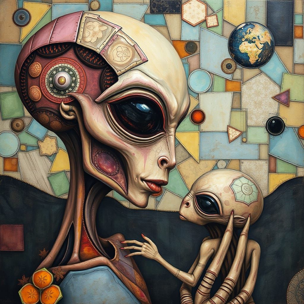Motherly Alien Figure in Vibrant Gouache Patchwork