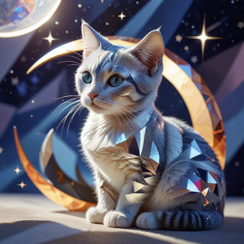 Celestial Cat on Moon in Abstract Cubism Style
