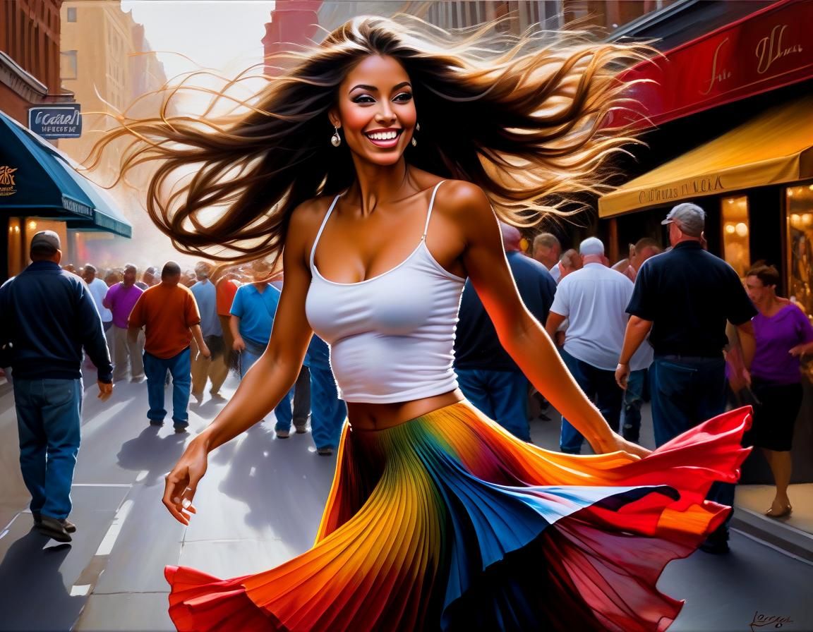 Joyful Street Dancer in Romantic Realism Oil Painting