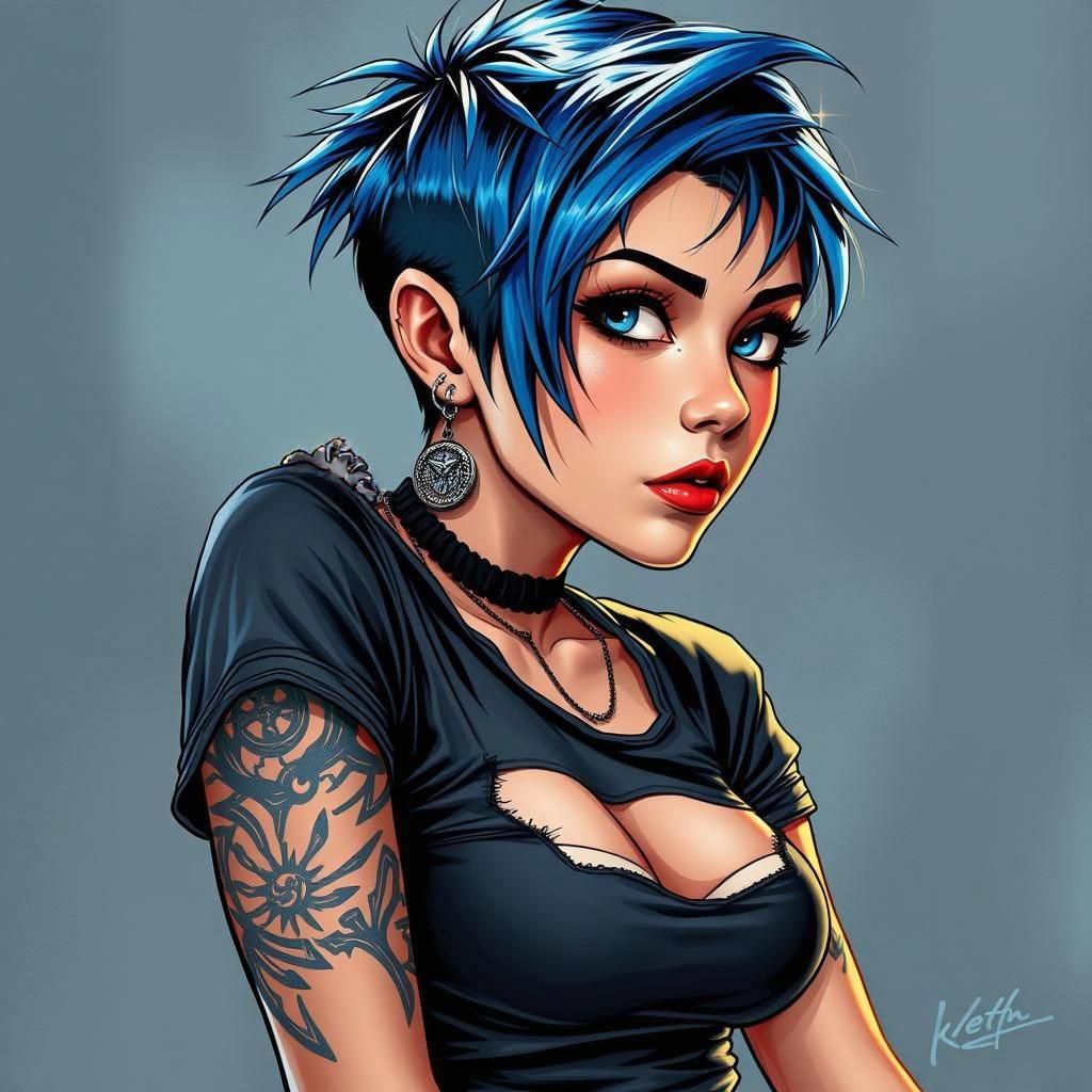 Punk Girl with Piercings in Comic Book Art Style