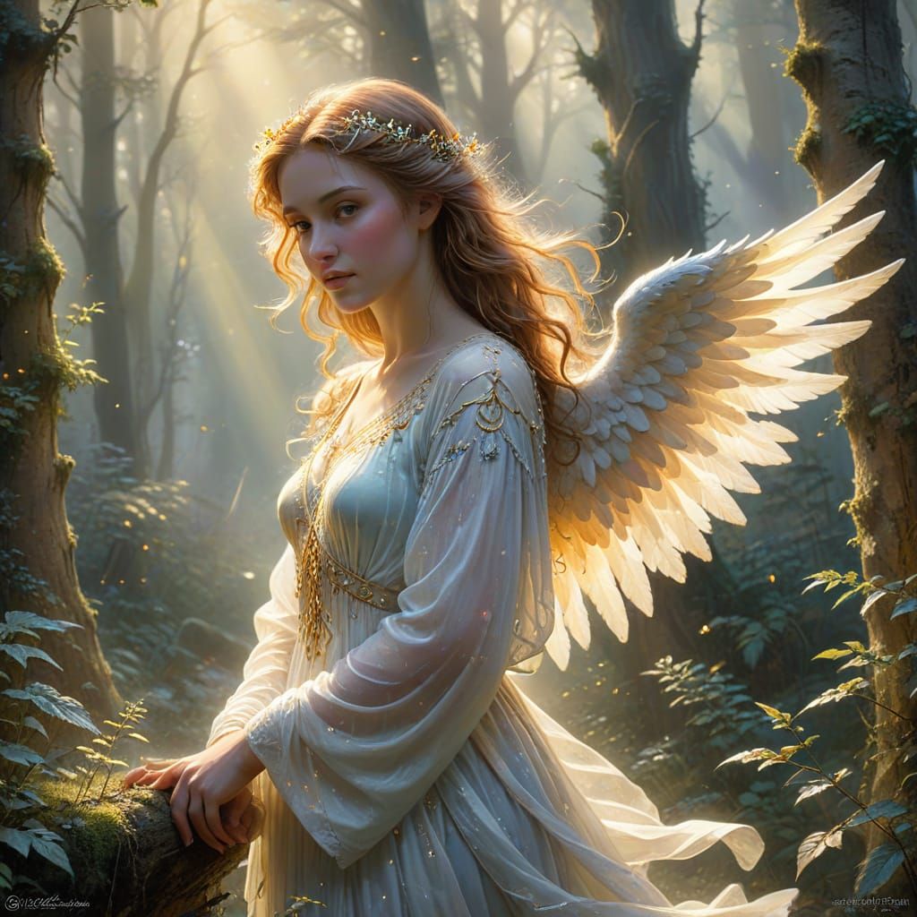 Ethereal Angel in Misty Forest Watercolor Painting