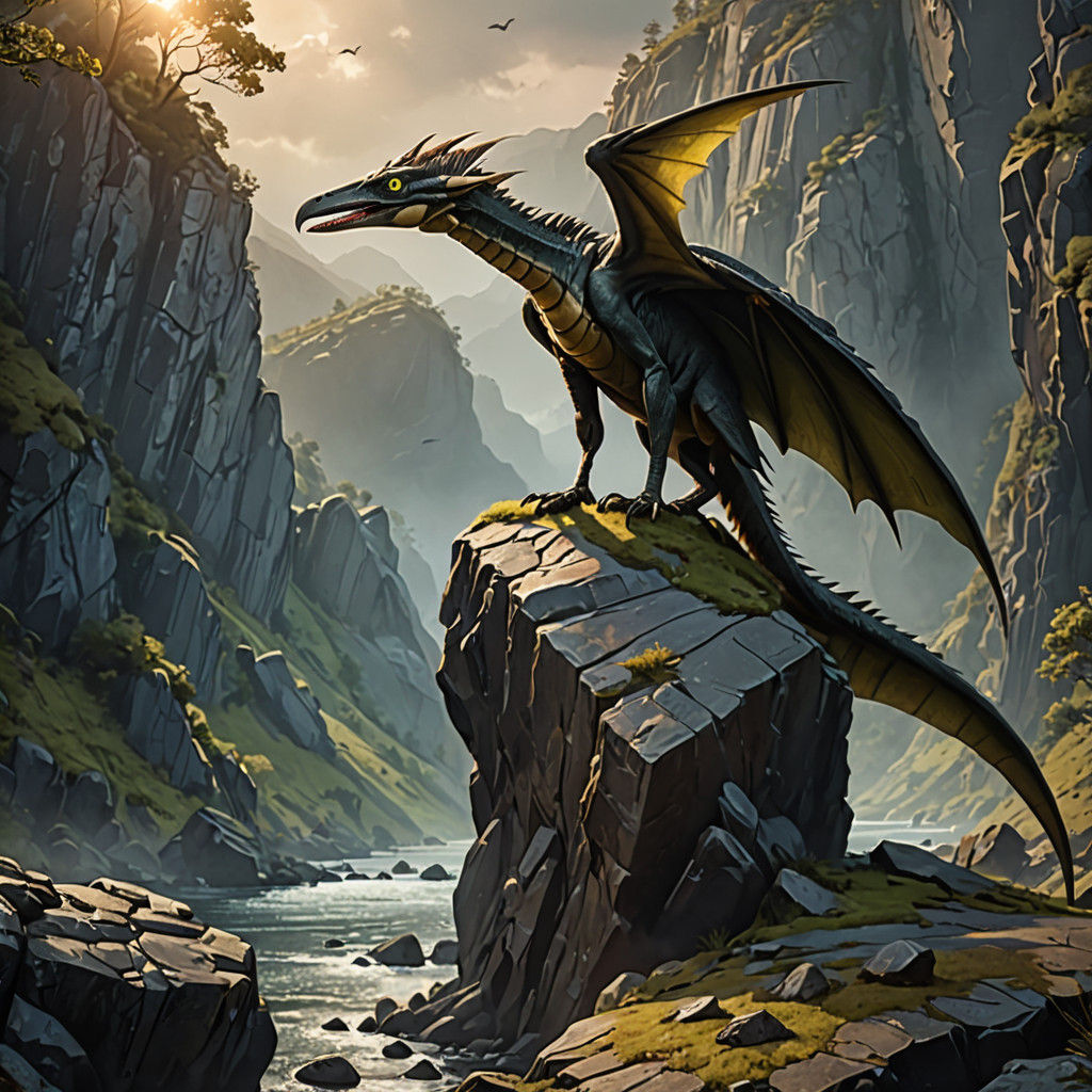Majestic Pterosaur perched on Rocky Outcropping in Vibrant,....