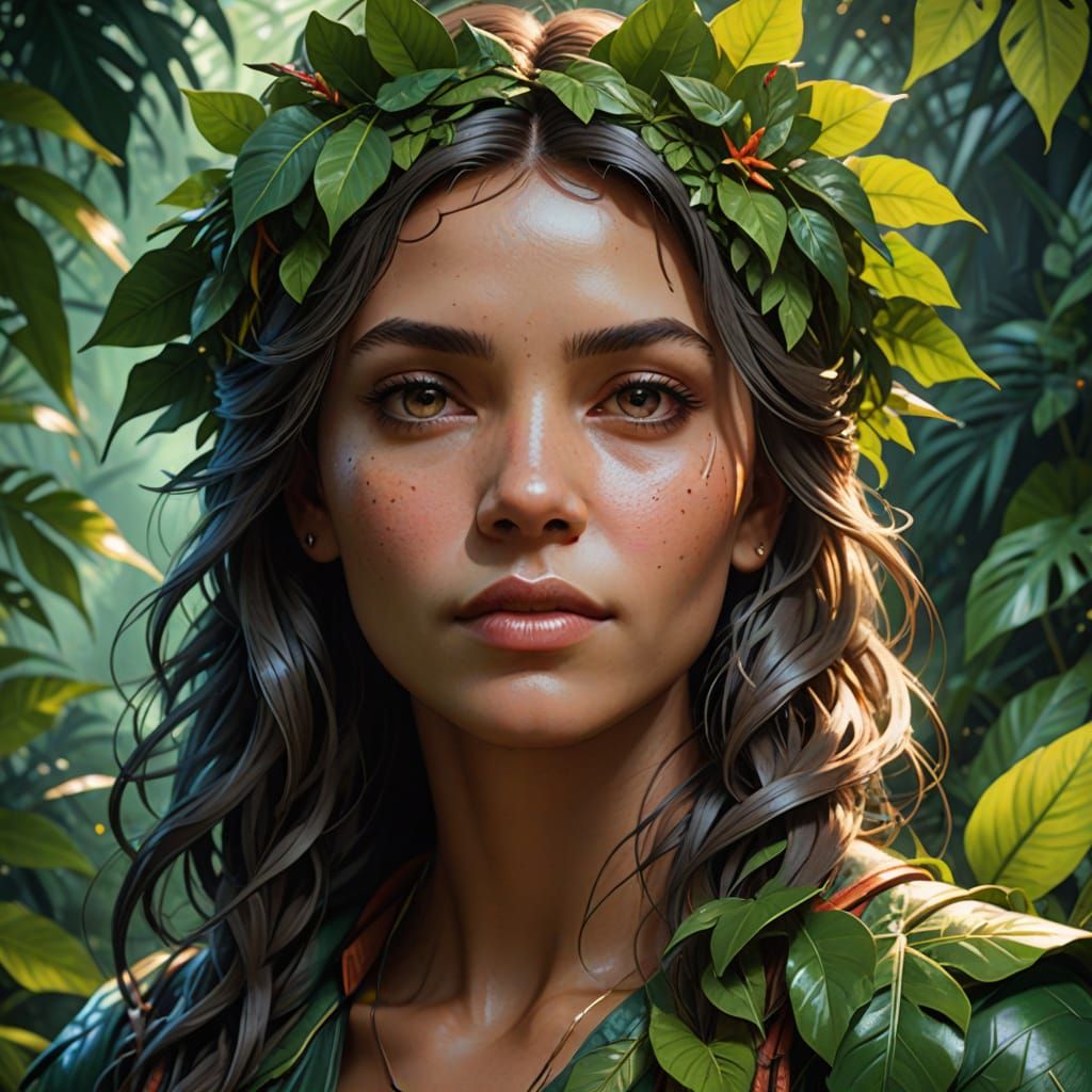 Woman in Jungle Leaves: Hyperrealistic Concept Art