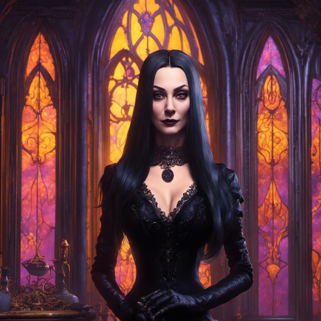 Morticia Addams in Gothic Mansion: Dark Fantasy Art