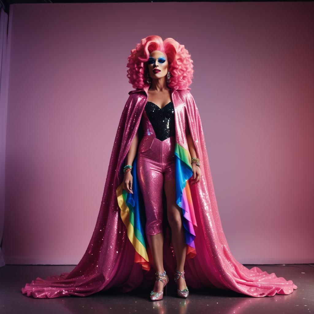Drag Queen in Pink Gown with Rainbow Cape
