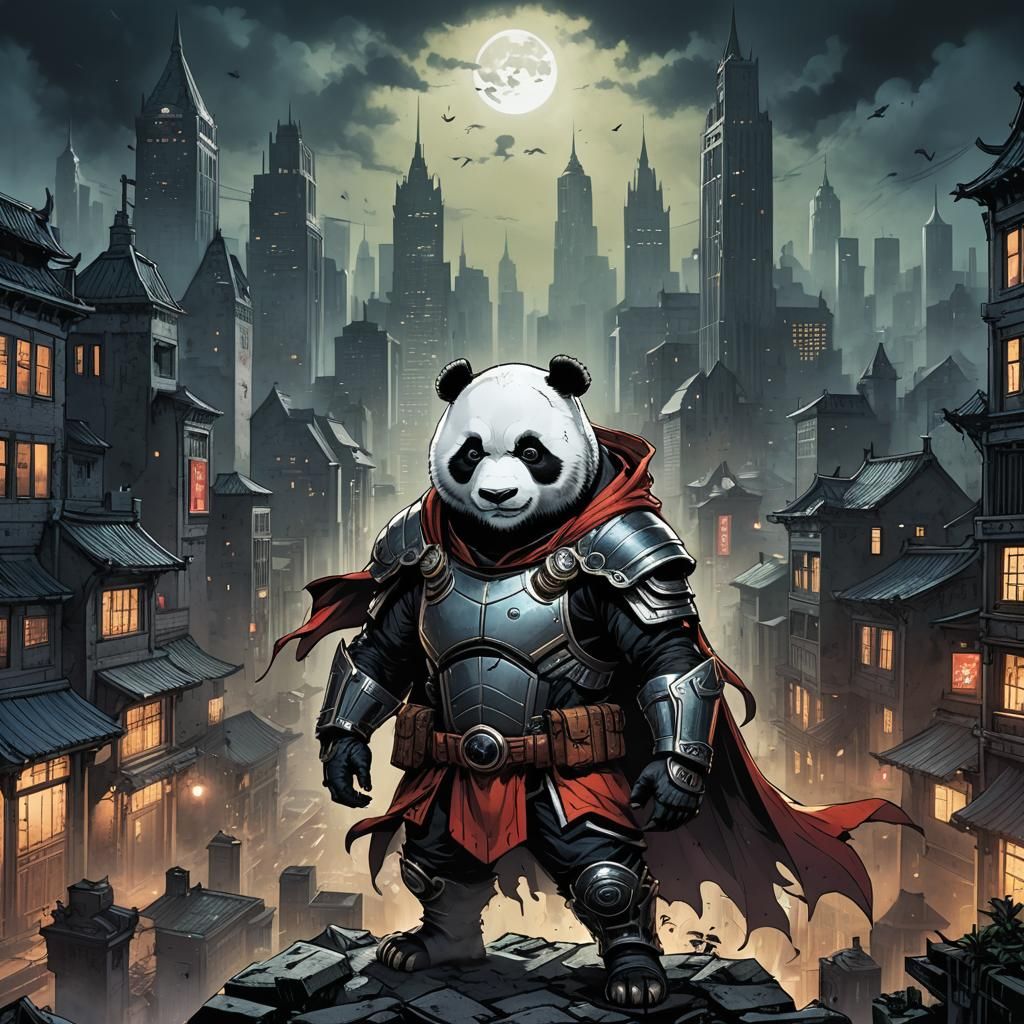 Heroic Panda in Gothic City as Comic Art