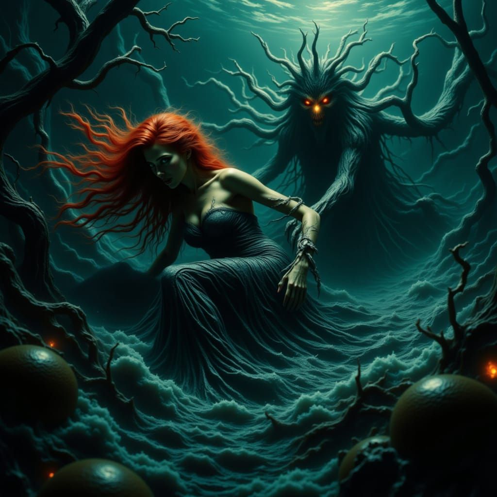 Demonic Siren Dragging Woman: Dark Surrealism