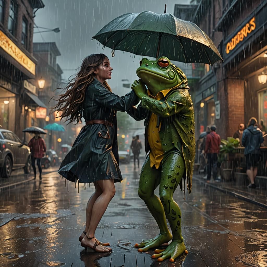 Girl Dancing in Rain Observed by Frog