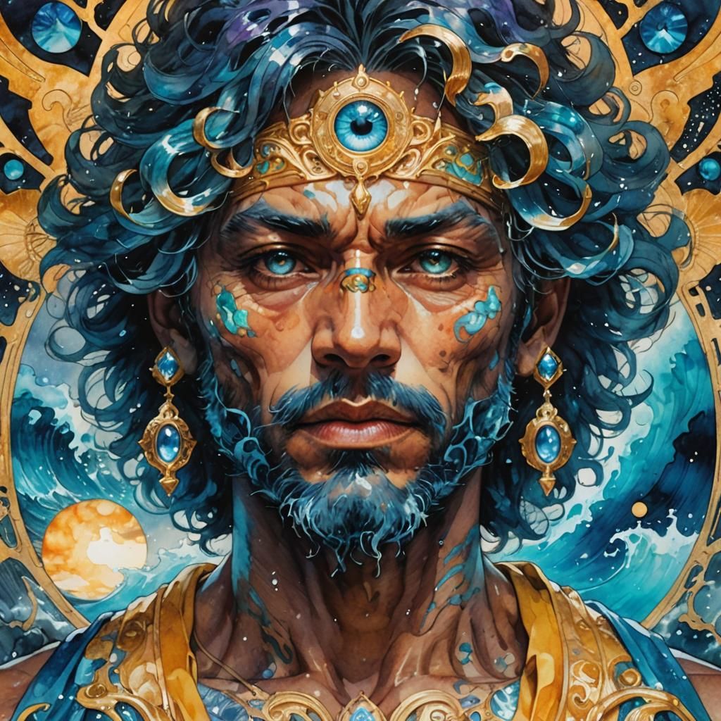 Magical Seascape Eye with Merfolk, Watercolor Art