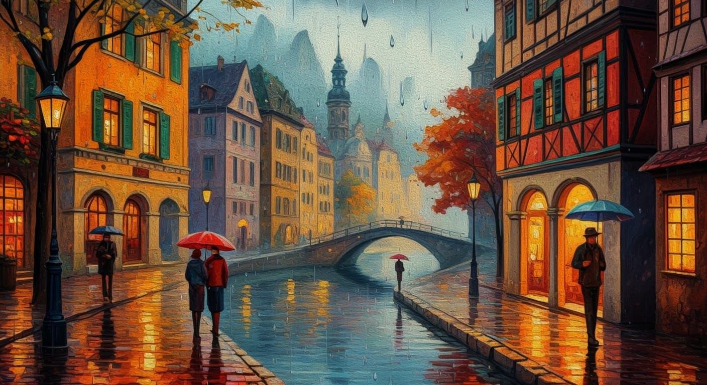 Colorful Medieval Town in Autumn Rain: Abstract Art