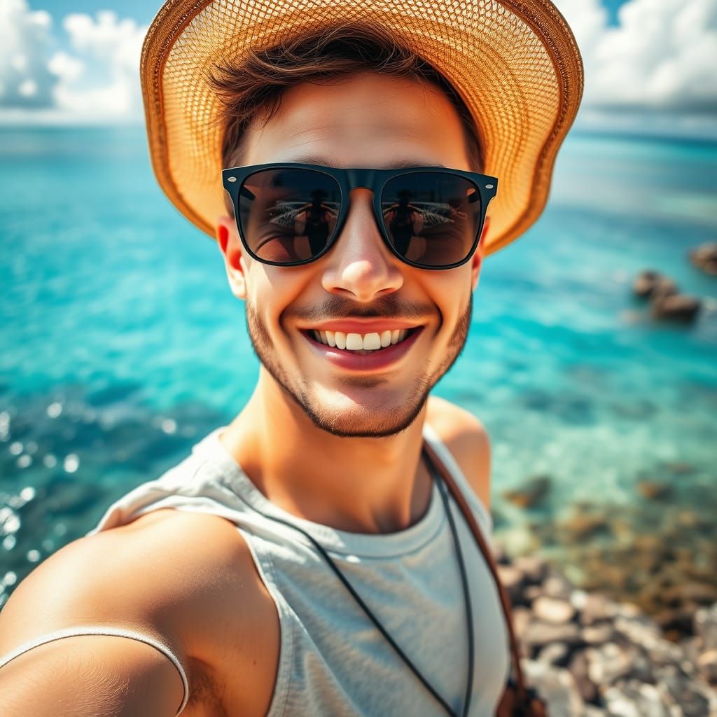 Trendy Summer Coastline Selfie in Vibrant Colors