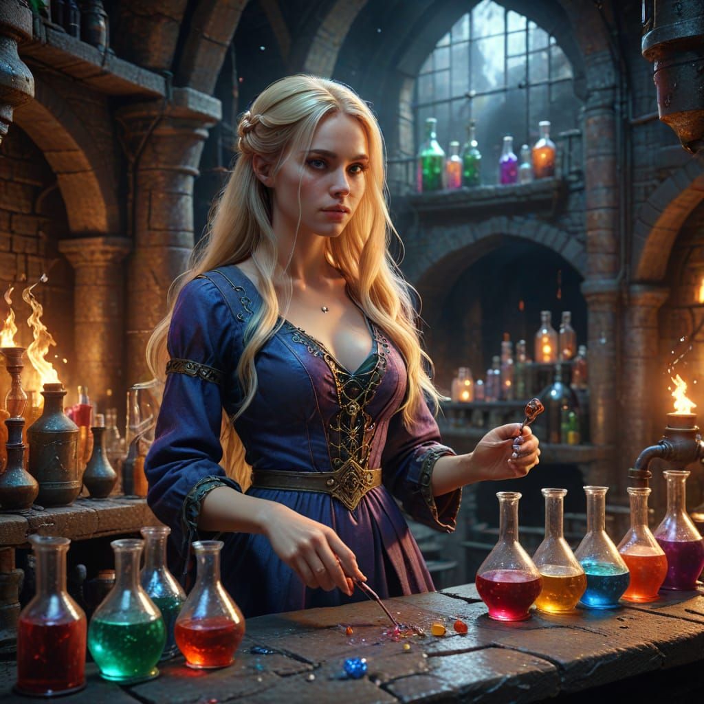 Enchantress in Alchemical Dungeon, Hyperrealistic Art