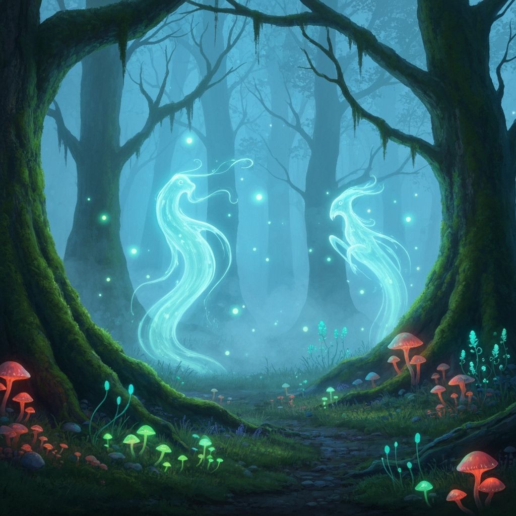 Spectral Creatures Dance in Enchanted Luminescent Forest