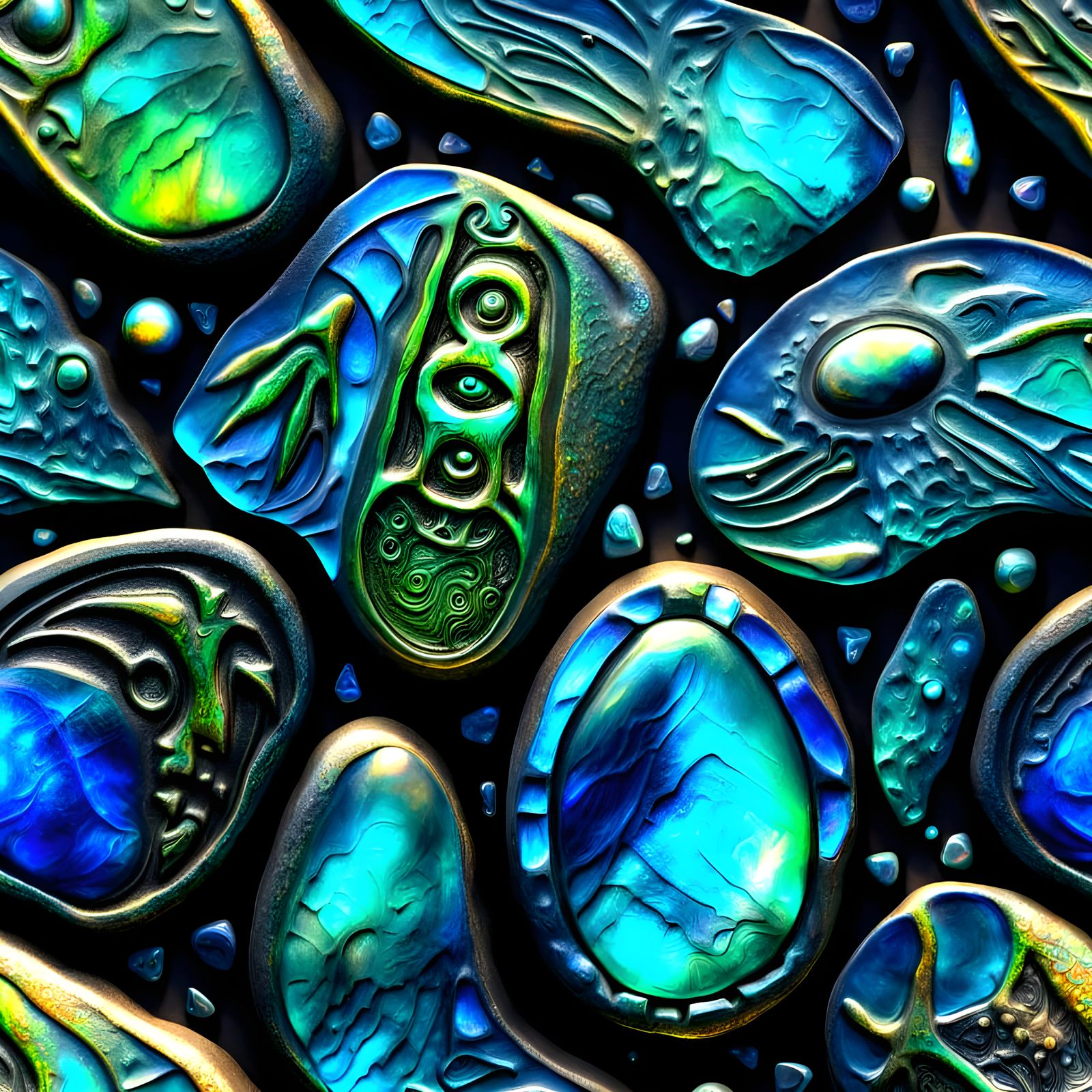 Alien Glyphs Carved Into Labradorite Stone