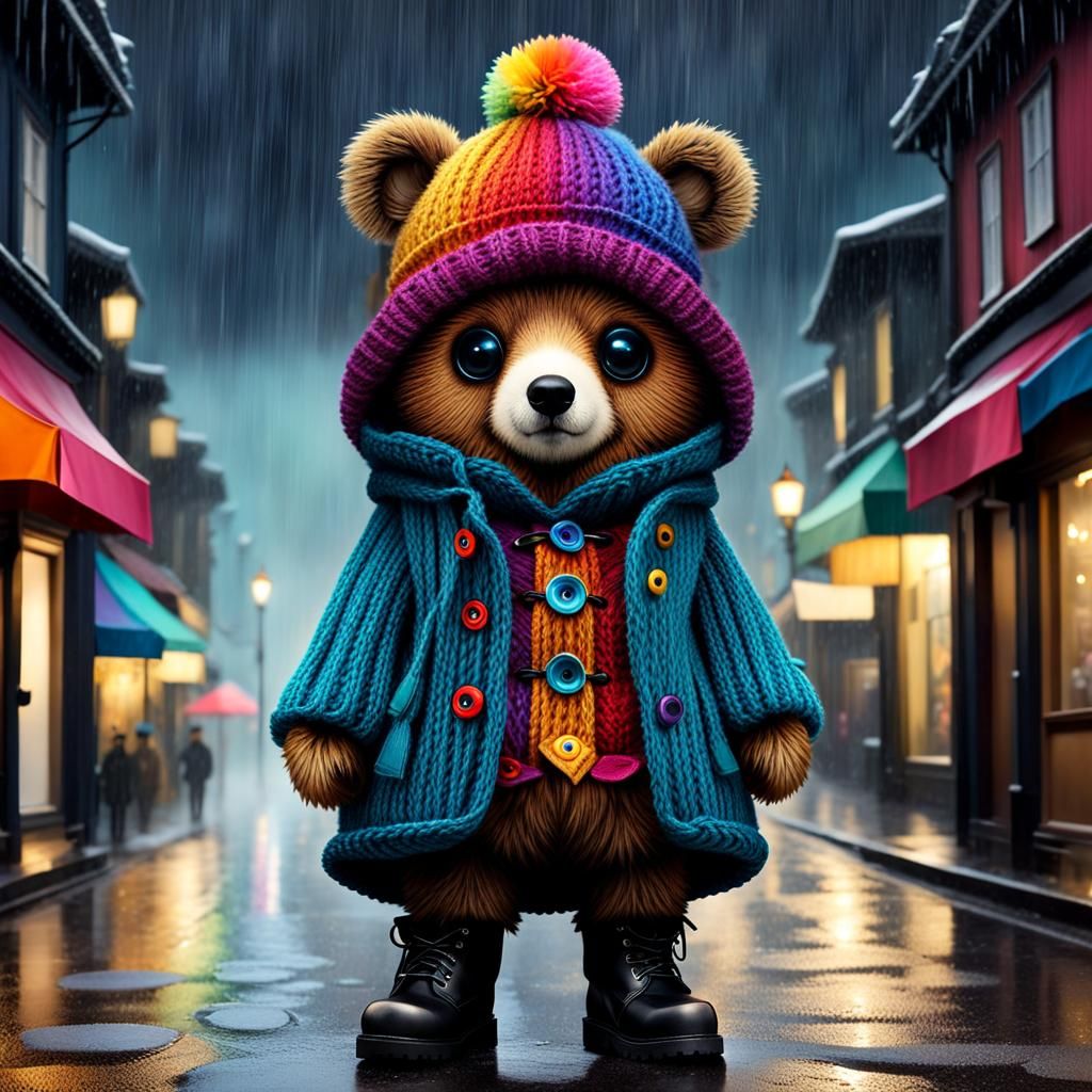 Teddy Bear in Rainy Street: Whimsical Digital Art