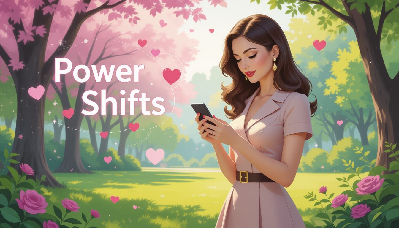 Dreamlike Park Scene with Woman and Floating Hearts