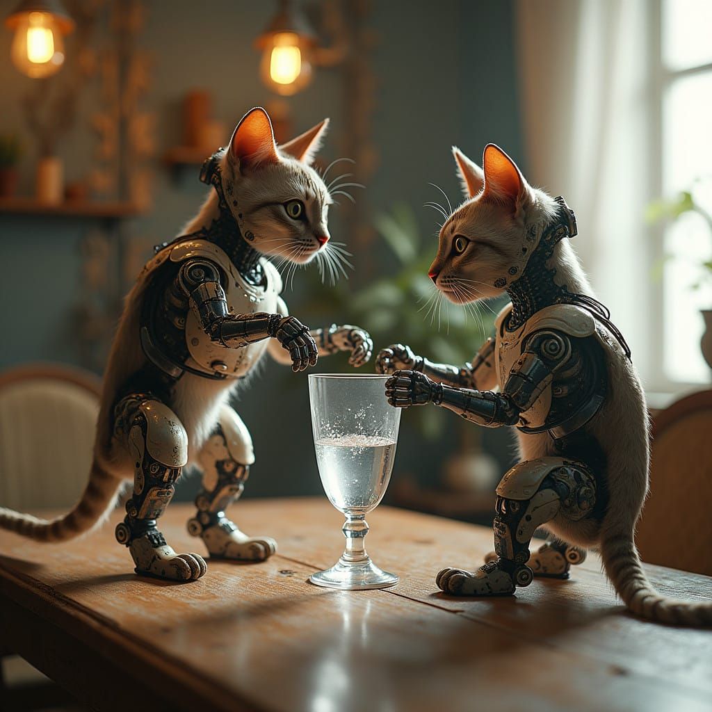 Majestic Robot Cats in Steampunk Cyberpunk Chaos