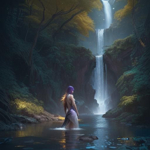 Woman in Waterfall: Dark Fantasy Concept Art