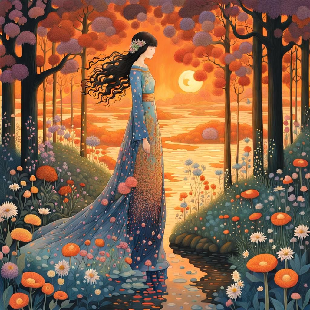 Sunset Woman in Enchanted Flower Forest, Magical Realism