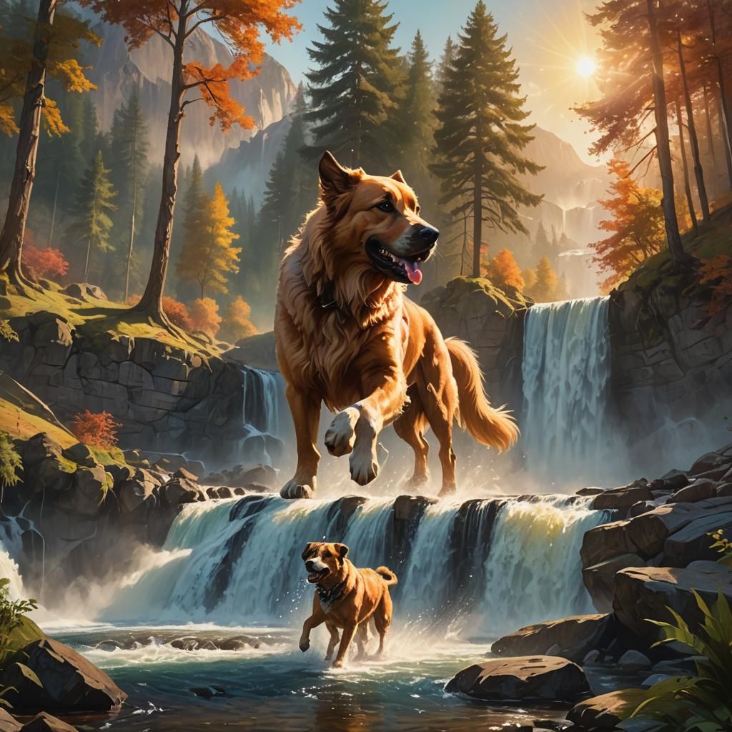 Dog Running by Waterfall in Vibrant Oil Painting