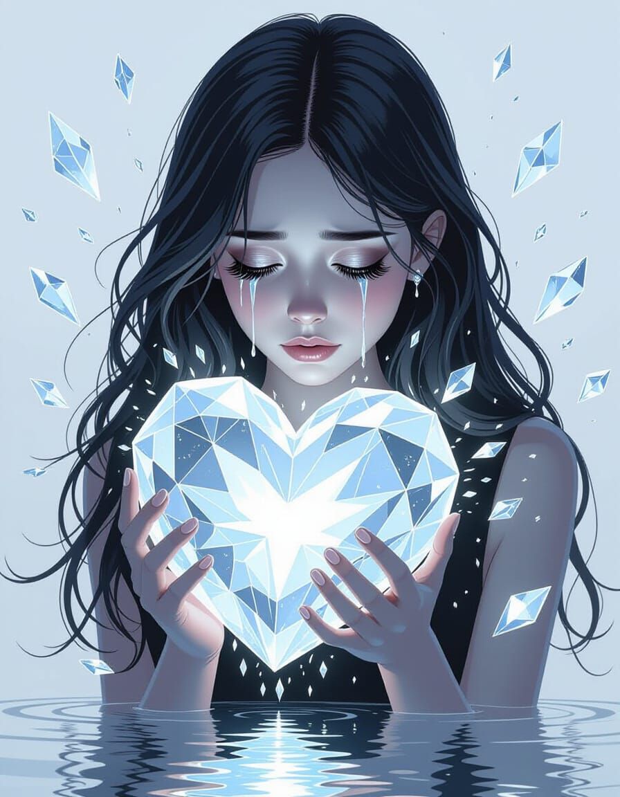 Sorrowful Girl With Crystal Heart In Pop Art Style