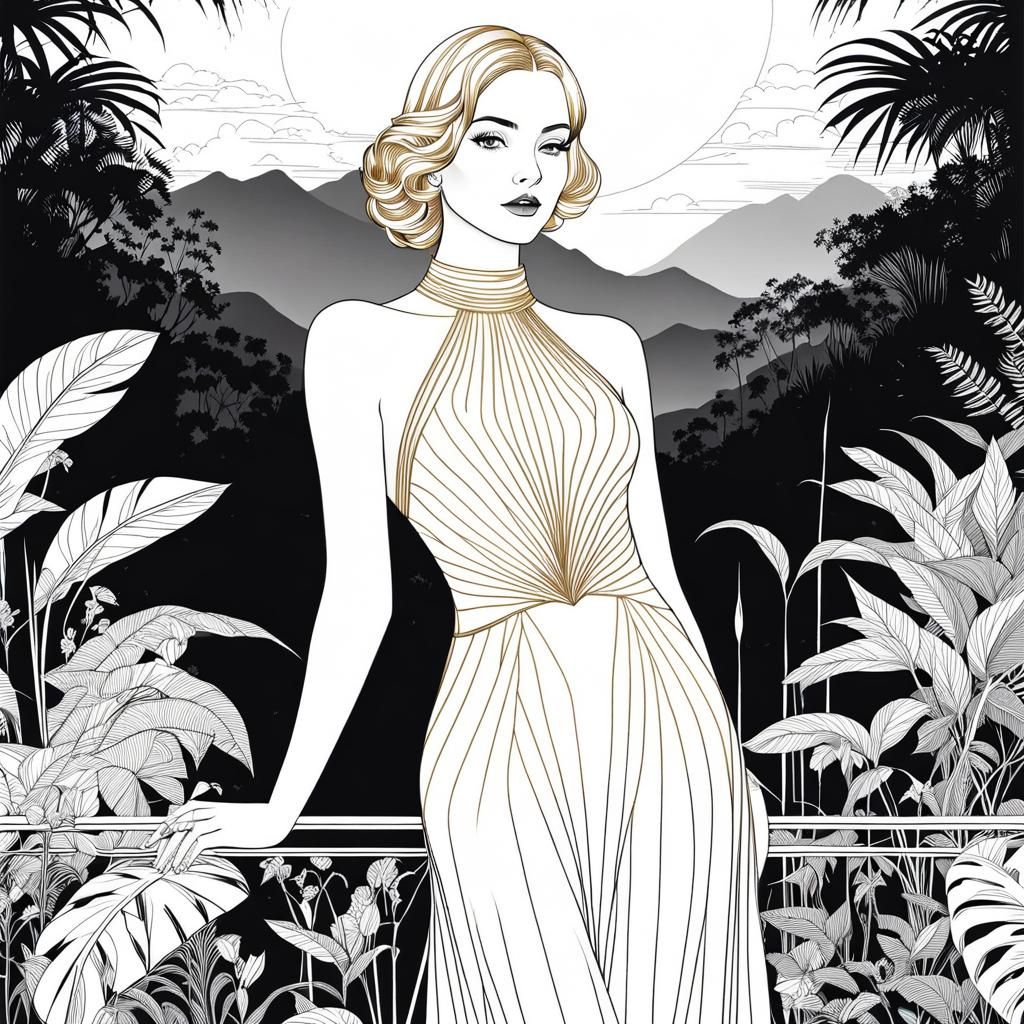 Girl in 20s Costume, Line Art Portrait