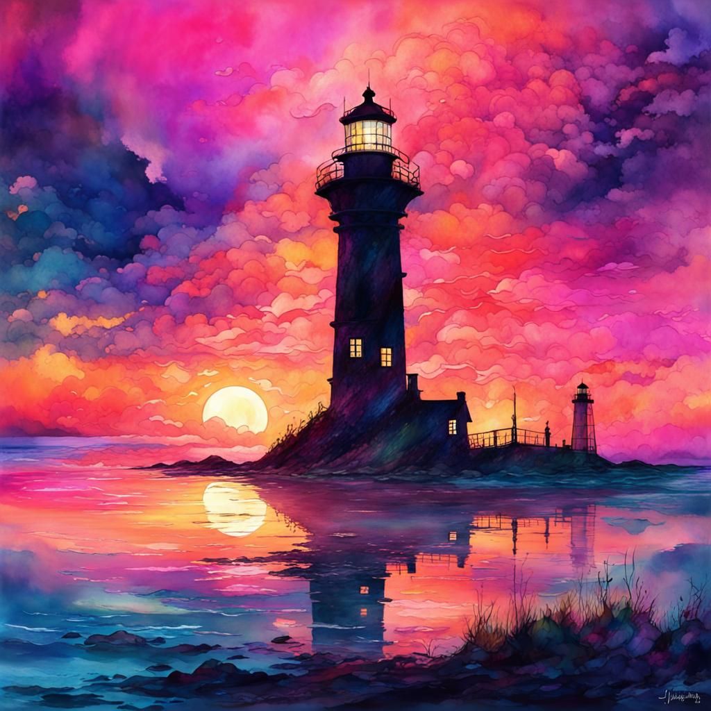 Sunset Lighthouse Double Exposure in Hybrid Style