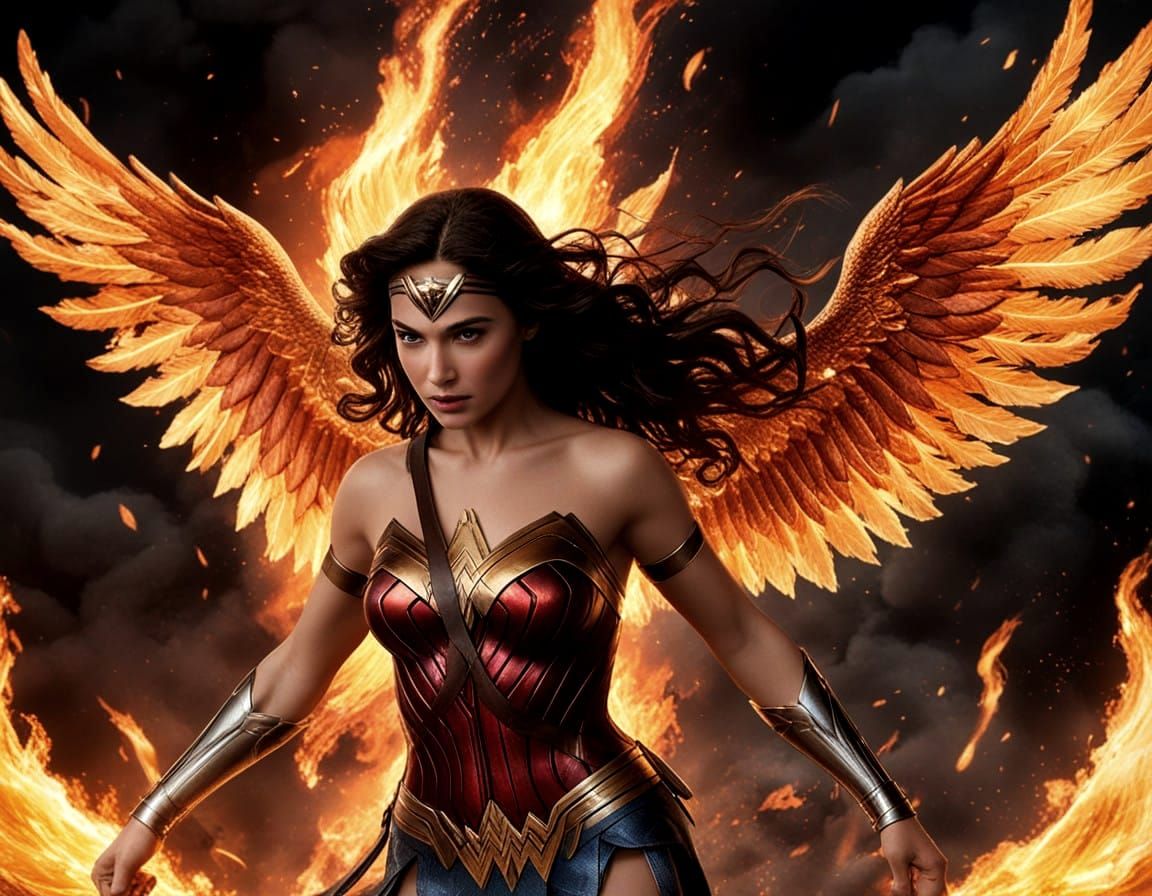 Cyberpunk-Fantasy Wonder Woman Reborn in Flames as Phoenix W...