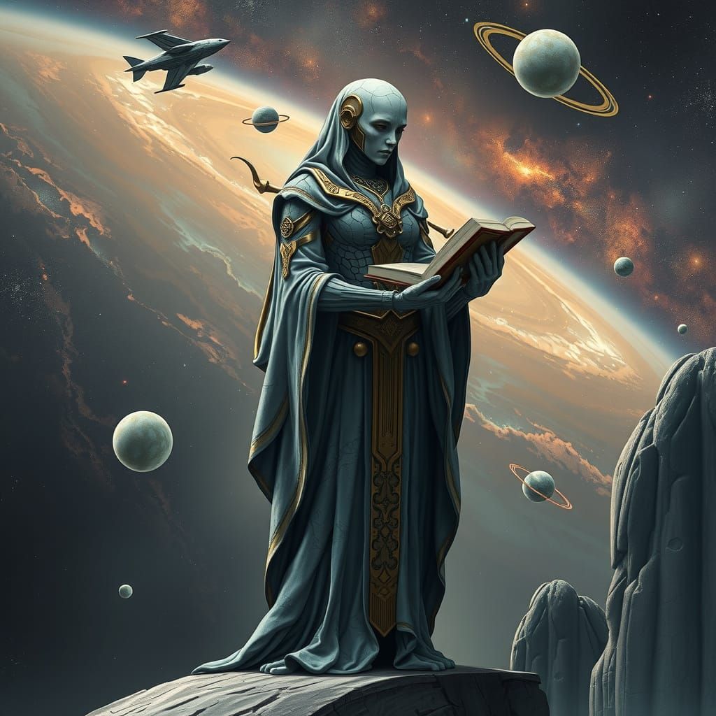 Marble Biomechanical Librarian Guiding Celestial Bodies