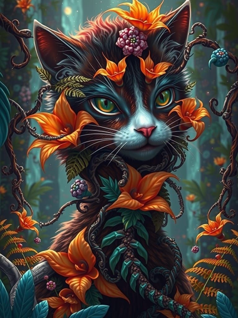 Enchanted Feline Goddess in Whimsical Forest Realm
