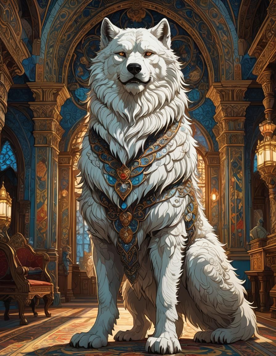 Noble Werewolf in Ornate Hall: Fantasy Illustration