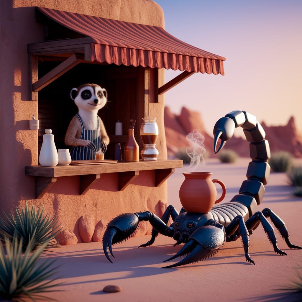 Meerkat Barista Serves Scorpion Customer in Desert Coffee Sh...