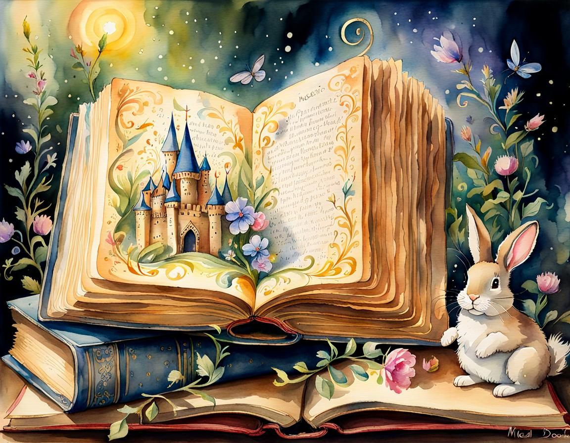 Magical Book in Watercolor Storybook Style