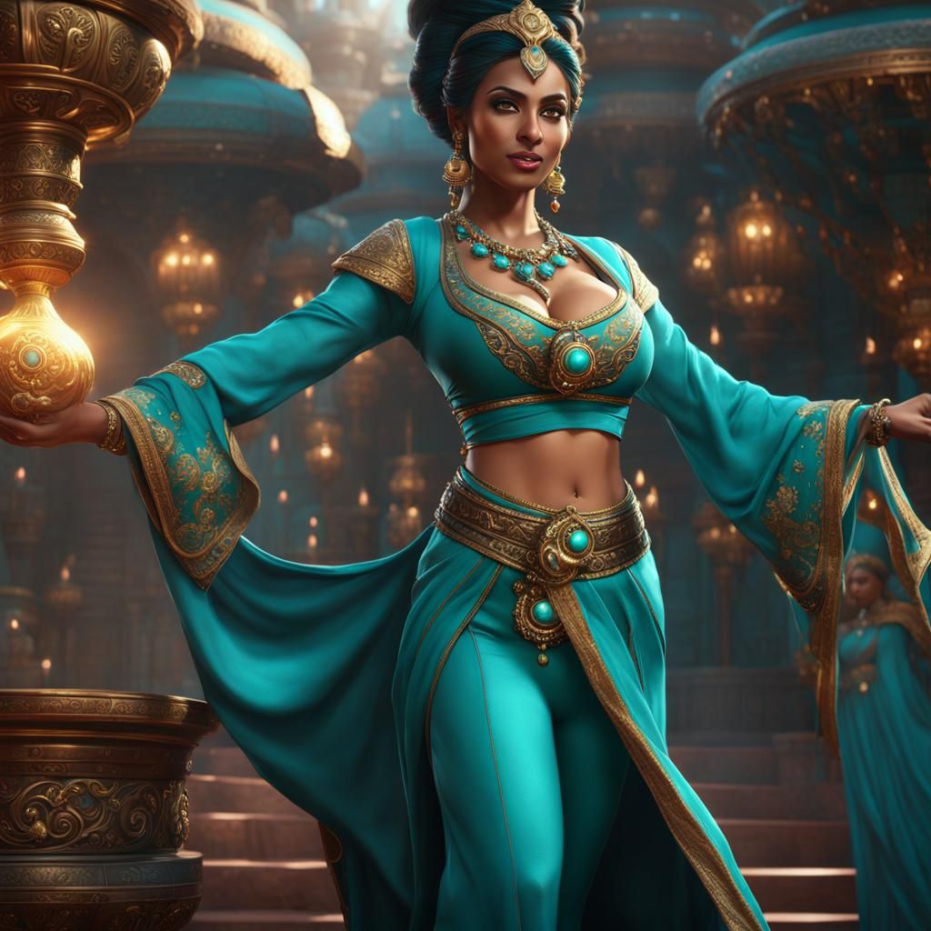 Happy Female Genie in Detailed Fantasy Art