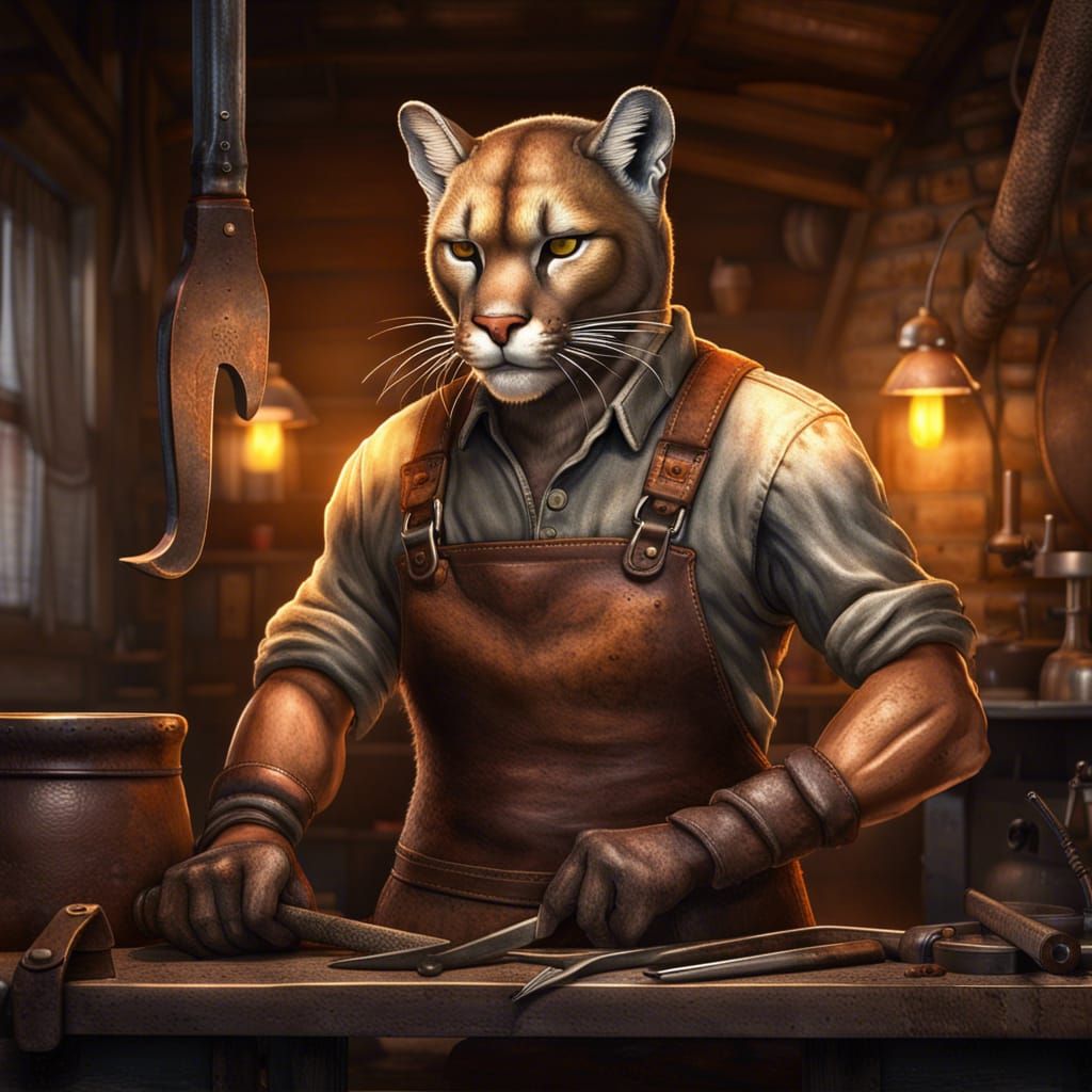 Cougar Blacksmith Forging Metal: Watercolor Portrait
