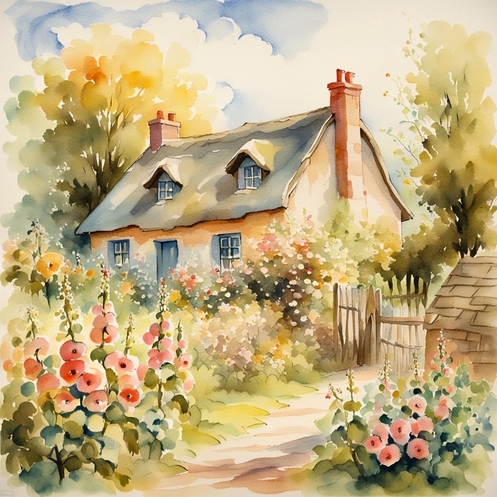 Idyllic English Cottage Watercolor Painting