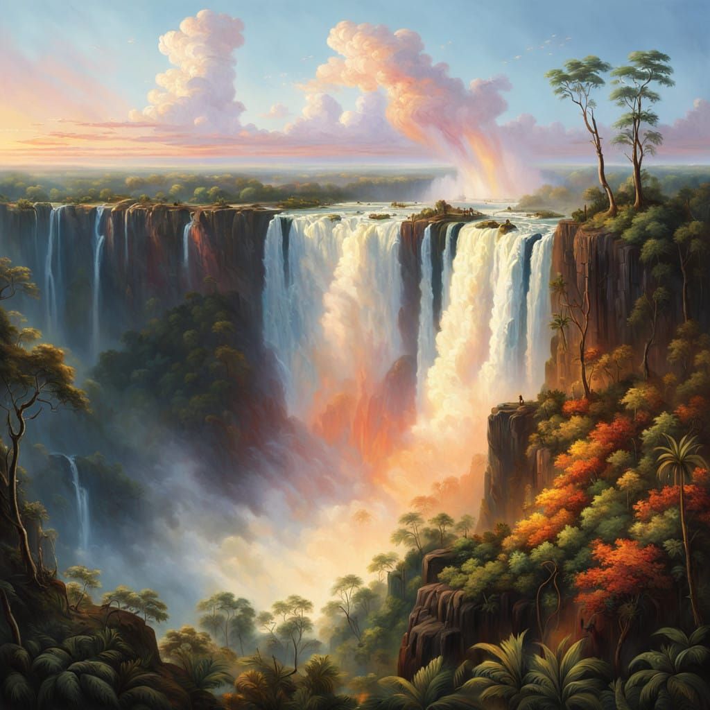 Majestic Victoria Falls Sunset in Vibrant Oil Painting Style