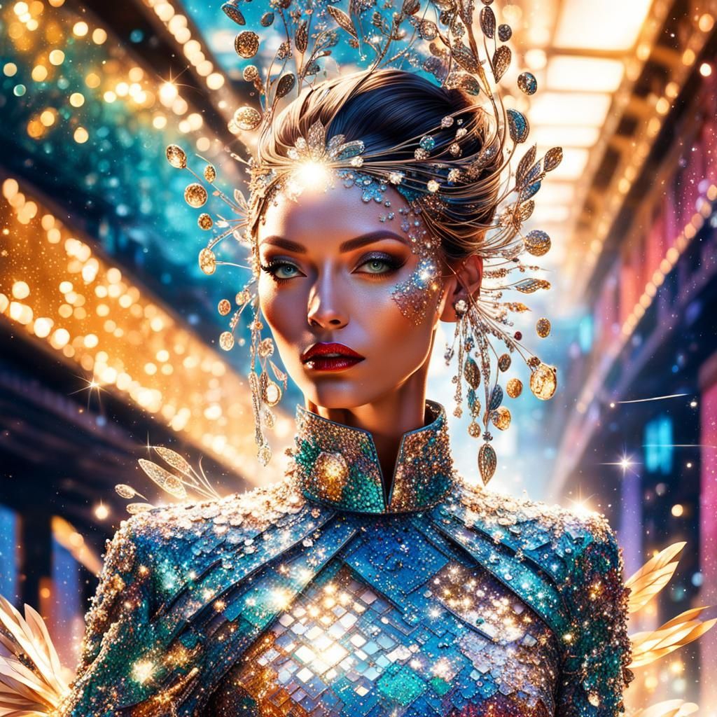 Model in Sparkling Dress on Catwalk: Hyperrealistic Art