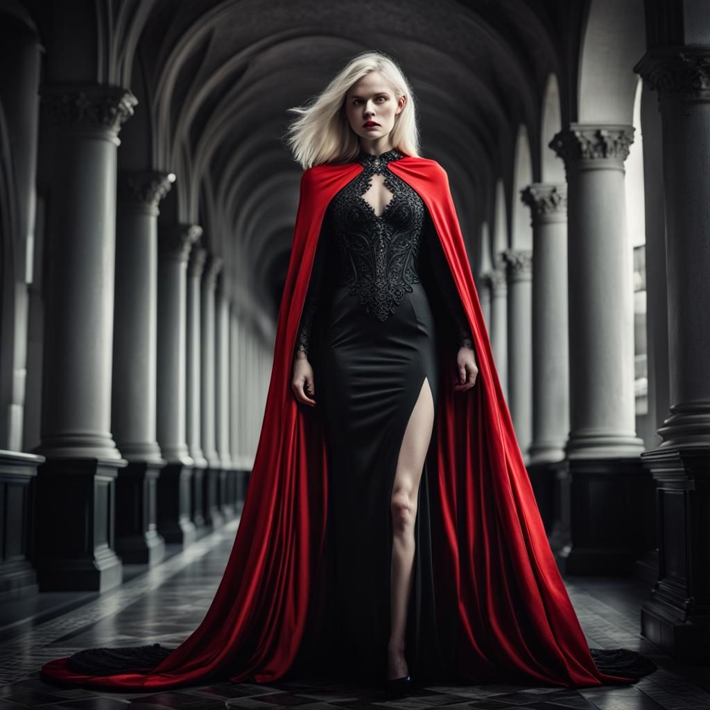 Long platinum blonde red dress black cape