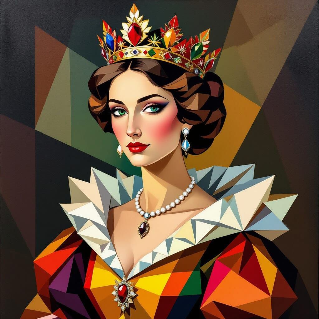 Regal Queen of Acorns in Abstract Cubist Style