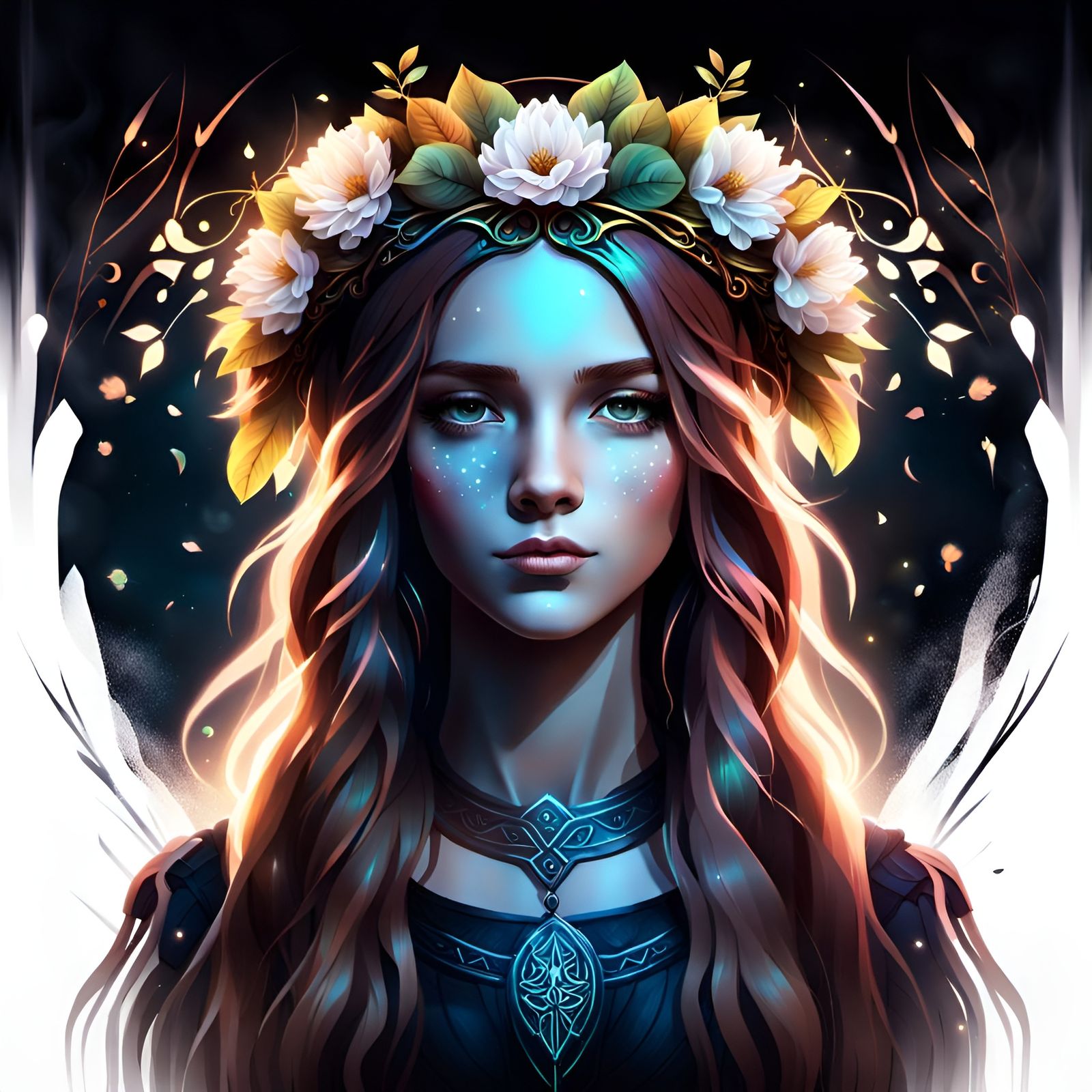 Charming Girl Portrait with Luminous Floral Wreath