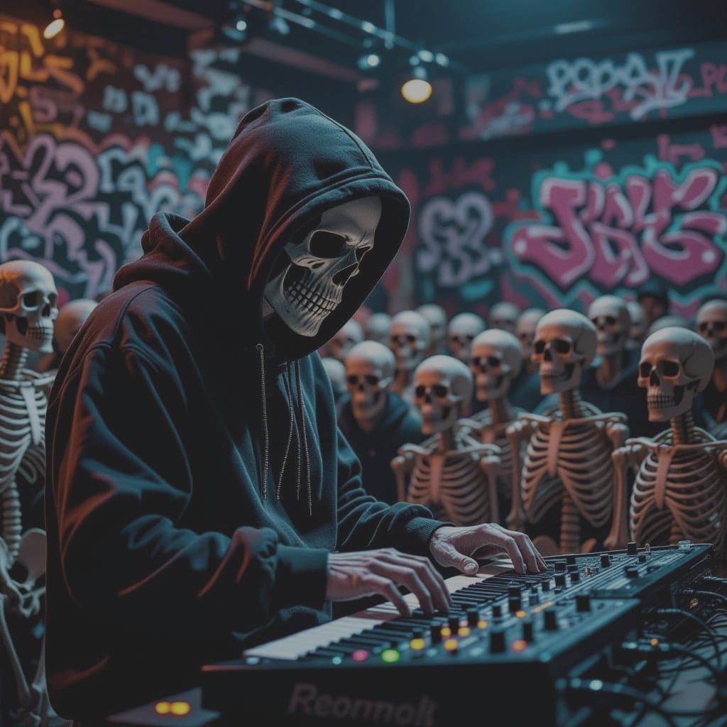 Skull Faced Beat Maker Performs for Skeleton Crowd