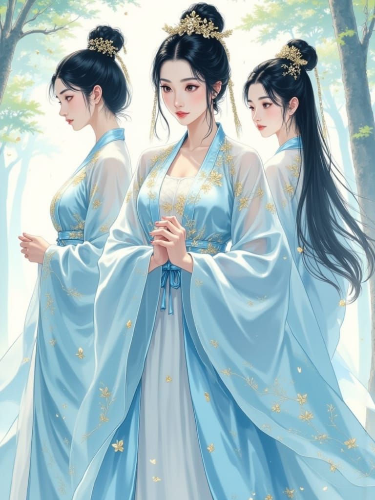 Elegant Donghua Style: Three Women in Traditional Attire