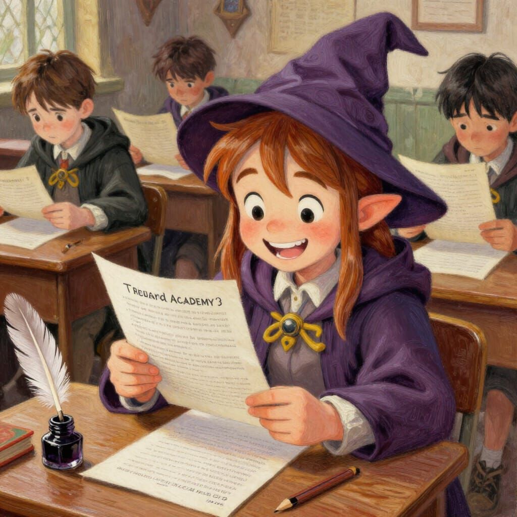Happy Halfling Wizard Child Passes Exam in Anime Style