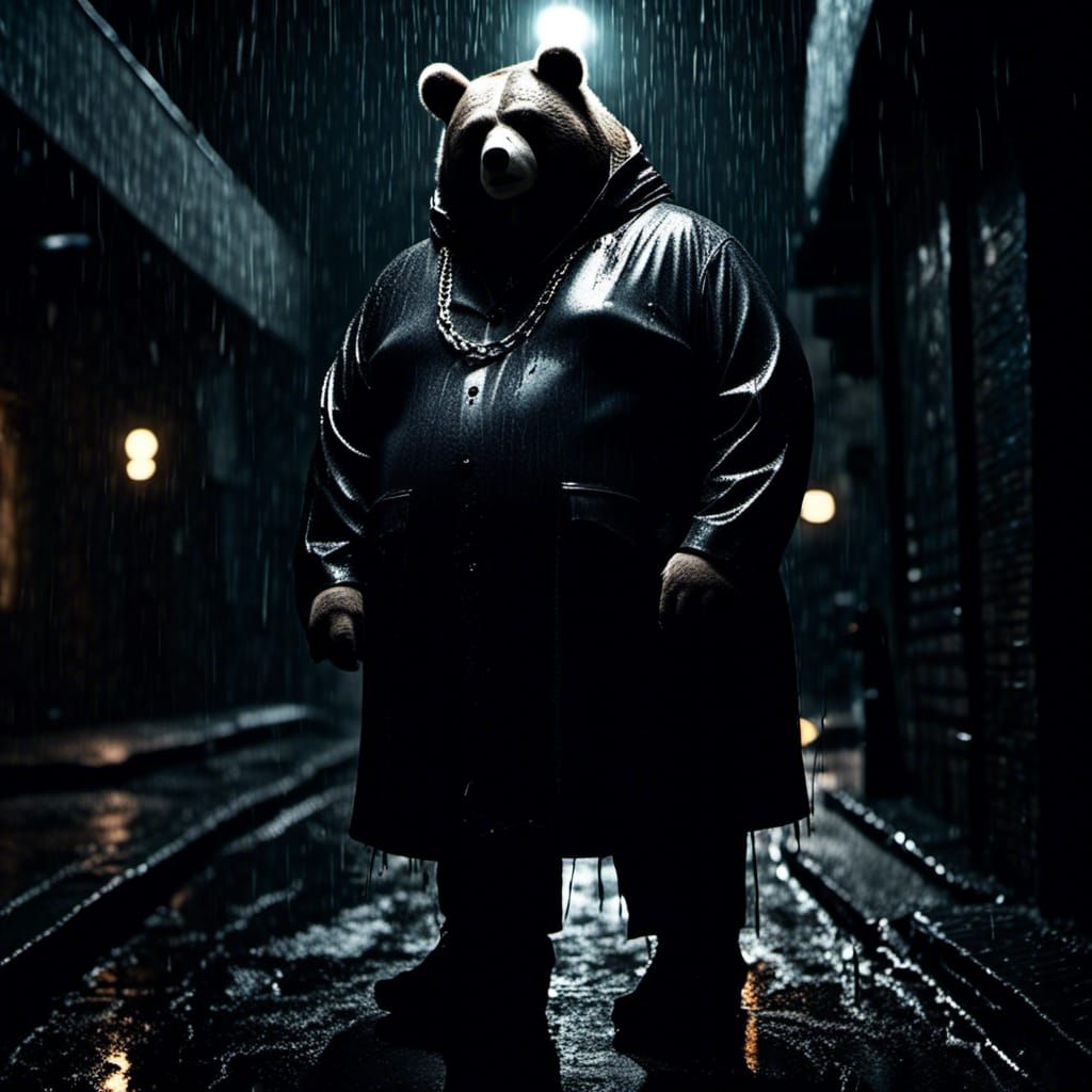 Gothic Bear in Trench Coat, Dark Moonlit Scene
