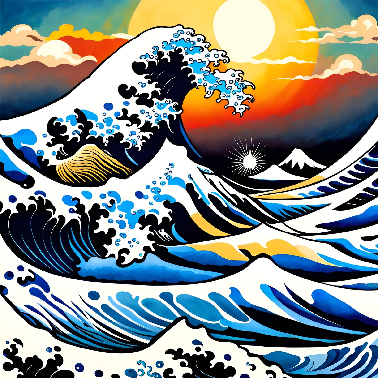 Great Wave Seascape in Vibrant Gouache Watercolor